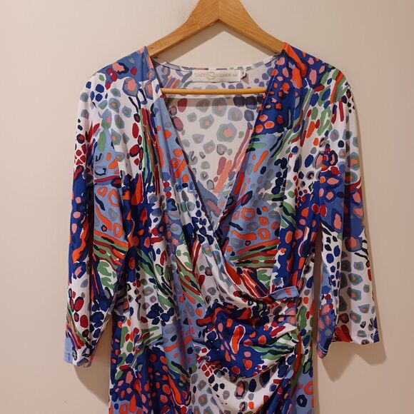 Tracy Negoshian Dolly Colorful Faux Wrap Ruched Dress 3/4 Sleeve XL Y2K Retro - Picture 2 of 8